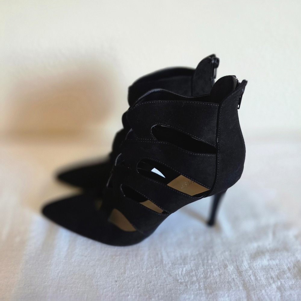 Nine West Black Cage Heels Pointed Toe Stiletto Pump Back Zip Womens 9.5M